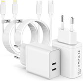 Dubbele USB-C Oplaadstekker met 2x 8-Pin Opladerkabel - 2 Meter - GaN Technologie - 35W Adapter USB C - Maximum Charge - Geschikt voor iPhone, iPad