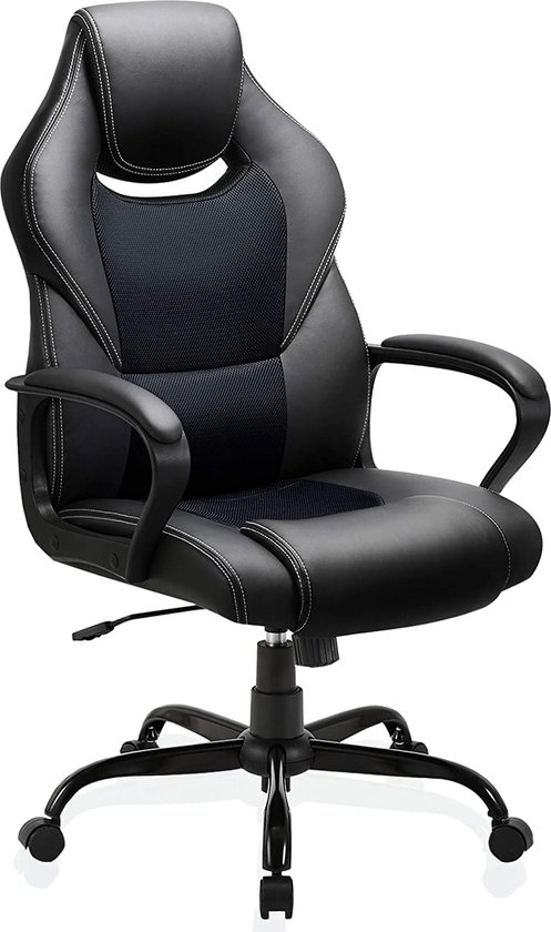 Meisterhome® Ergonomische bureaustoel - Metalen Onderstel - met wieltjes - - Gamestoel – Draaistoel – Wipfunctie – Hoogteverstelling - Gevoerde armleuningen - Executive stoel - Zwart