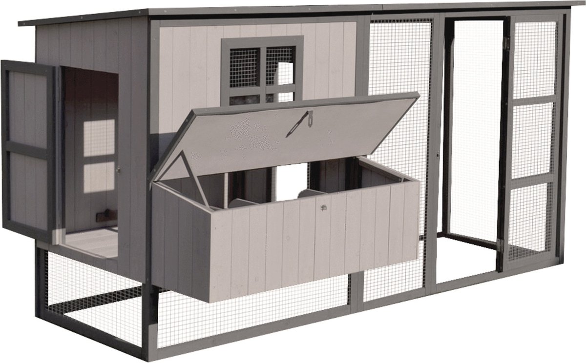 Bol.com Flamingo Kippenhok Calypso Cottage - 219 x 100 x 110,5 cm - Grijs Houten Hok met Buitenren en Legnest - Ruim, duurzaam e... aanbieding