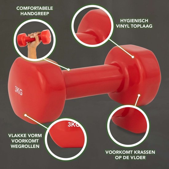 Tunturi Dumbbell set - 2 x 3,0 kg - Vinyl - Rood - Incl. gratis fitness app