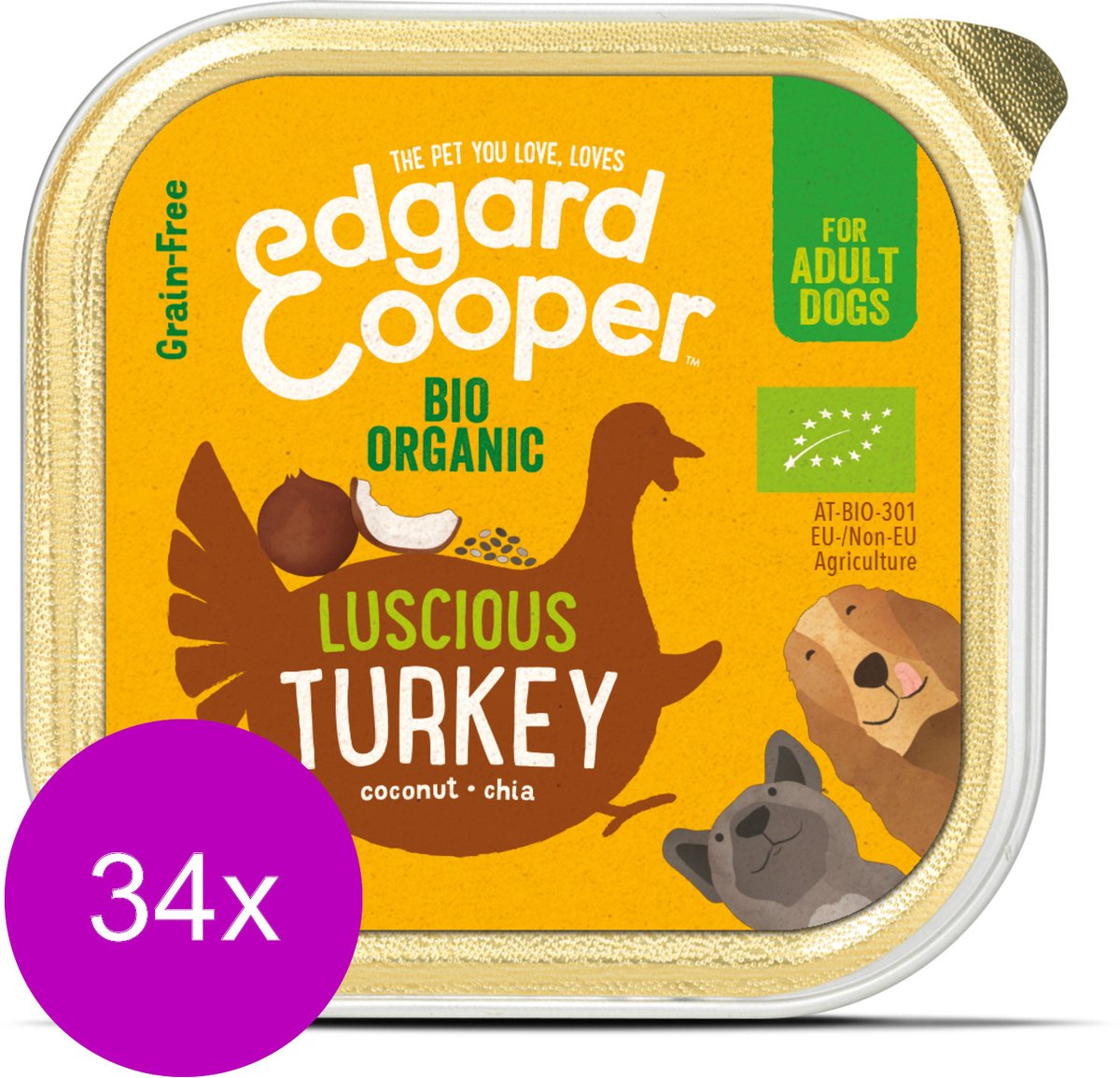 Bol.com Edgard & Cooper Biologische Kalkoen Kuipje - Voor volwassen honden - Hondenvoer - 34 x 100g NL-BIO-01 aanbieding