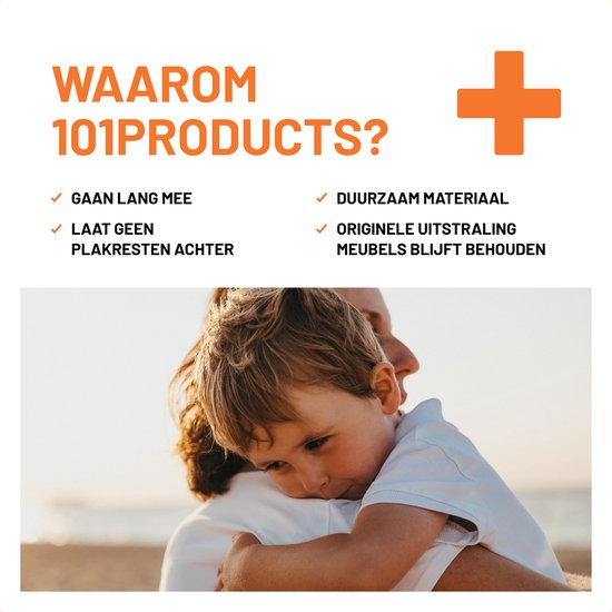 Een moeder omhelst haar kind, met tekst 'Waarom 101products?' en voordelen zoals 'Duurzaam materiaal'.