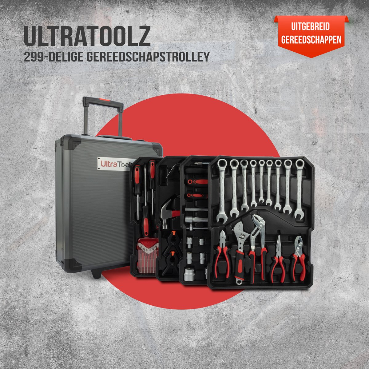 Ultratoolz Trolley - Gereedschapskoffer 299-Delig - Gereedschapskist Stevig - Gereedschap inclusief 3 standen - Kwalitatief aluminium - Alles in een