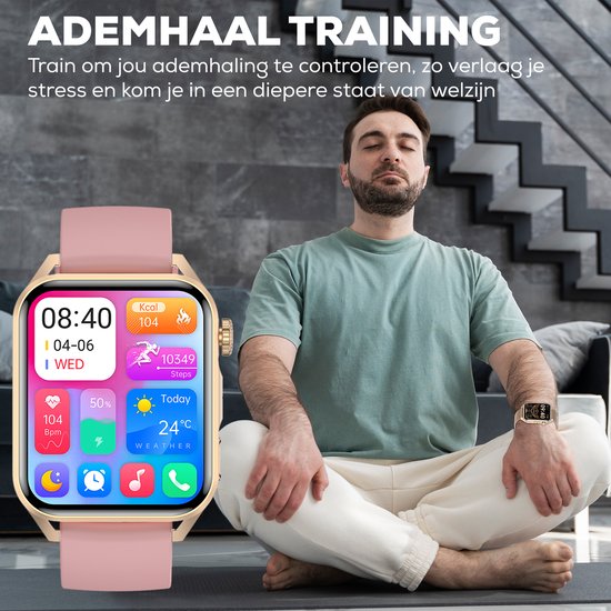 Smartwatch Rose Goud Dames & Heren - Bloeddrukmeter & Stappenteller - 44mm - iOS & Android - Incl Extra bandjes