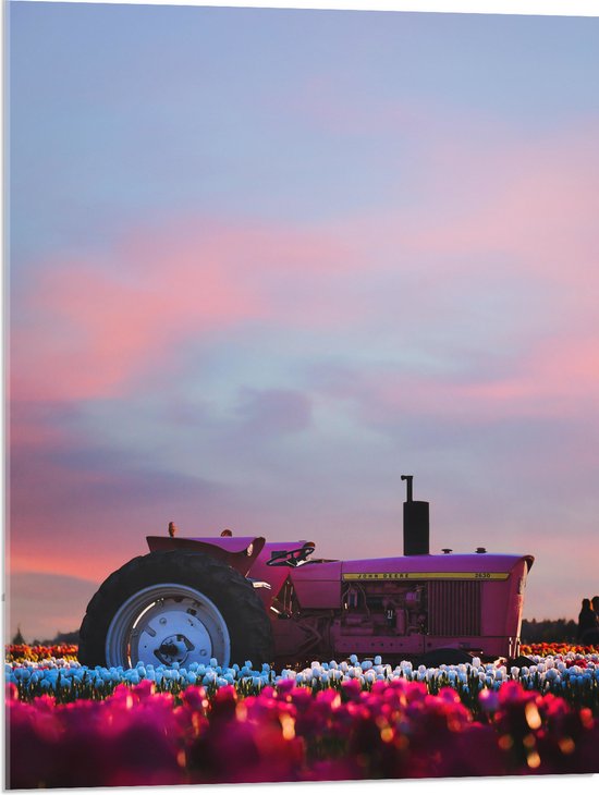 WallClassics - Acrylglas - Roze Tractor in een Bloemenveld - 60x80 cm Foto op Acrylglas (Met Ophangsysteem)