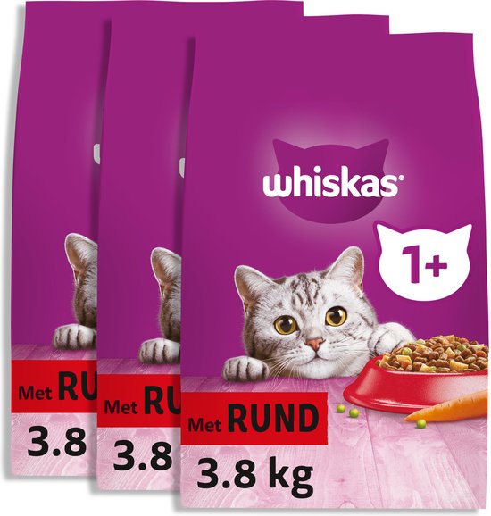 Whiskas 1+ Croquettes pour Chats adulte - Boeuf - 3 x 3,8 kg | bol.com