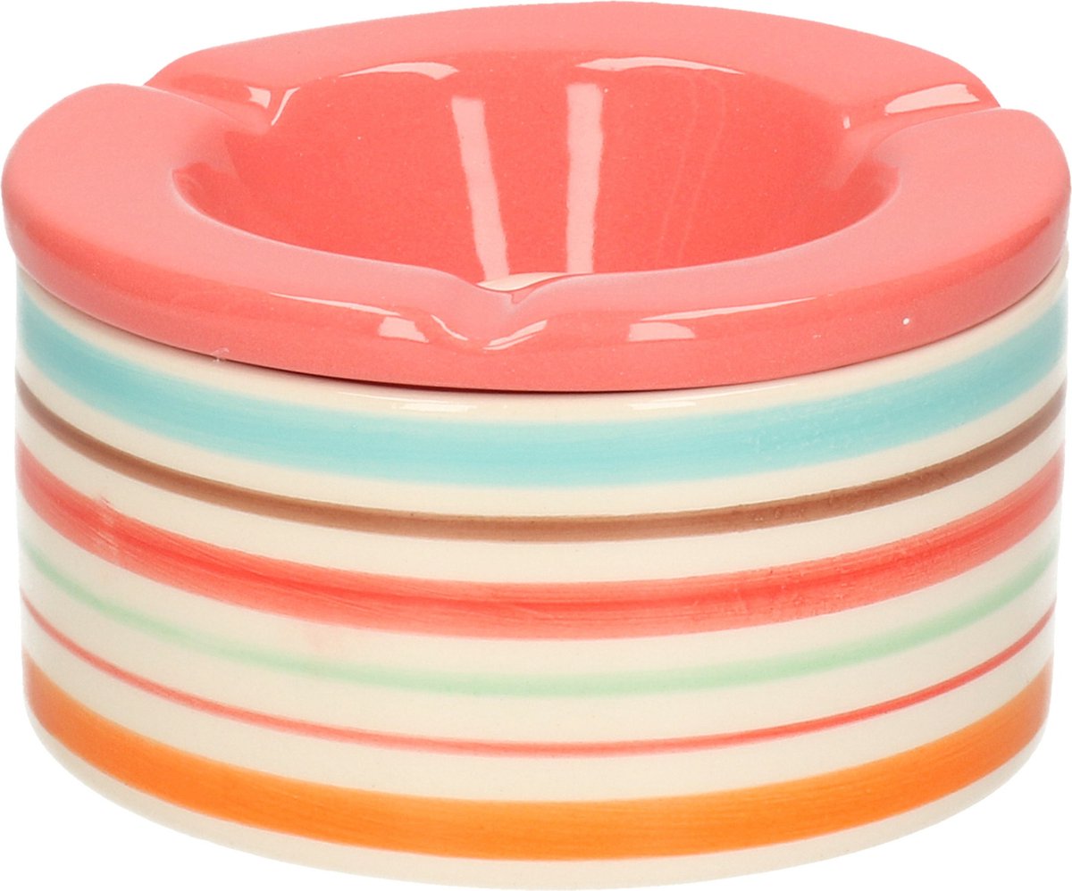 Goedkoopste Gekleurde terrasasbak/stormasbak met zalm roze deksel 12 cm - Tuin/terrasaccessoires - Asbakken