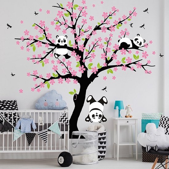 Muursticker Boom met Pandabeertjes Licht Roze XXL | Kinderkamer | Babykamer | Dieren | Decoratie Sticker | Kind