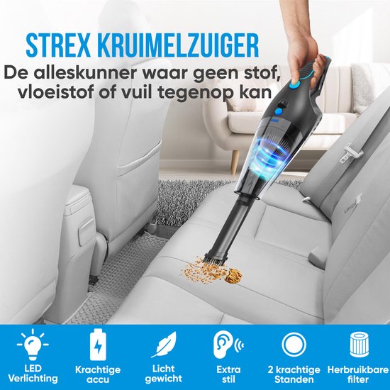 Strex Kruimeldief Draadloos & Snoerloos - Handstofzuiger voor Auto - Kruimelzuiger Nat & Droog - Mini Stofzuiger - 14000PA - HEPA Filter - LED Verlichting - Extra Krachtig - Autostofzuiger met Opzetstukken