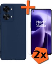 Hoesje Geschikt voor OnePlus Nord 2T Hoesje Siliconen Cover Case Met 2x Screenprotector - Hoes Geschikt voor OnePlus Nord 2T Hoes Back Case - Donkerblauw