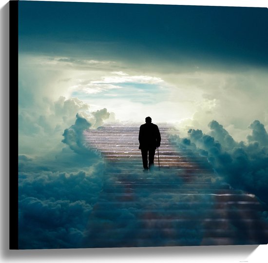 WallClassics - Canvas - Man lopend op Trap naar Wolken - 60x60 cm Foto op Canvas Schilderij (Wanddecoratie op Canvas)