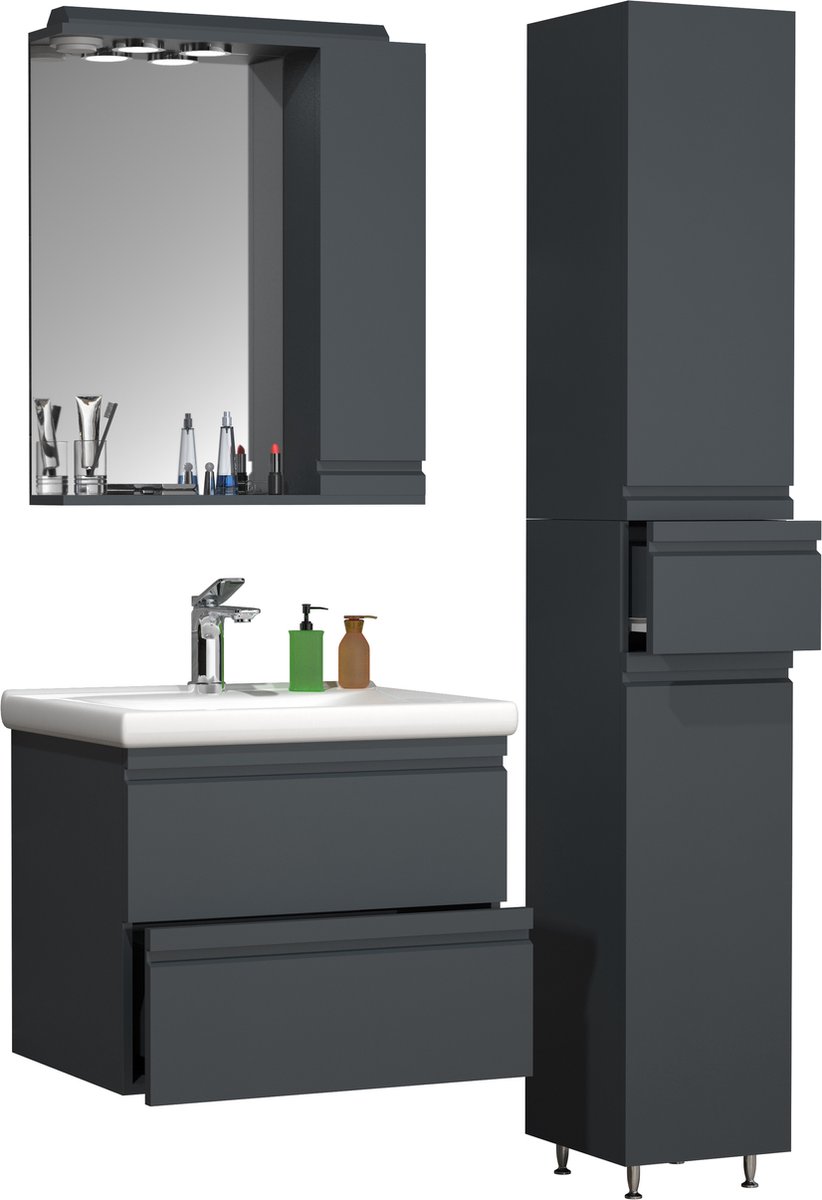 VCM 4-tlg. Waschplatz Waschtisch 60 cm Badmöbel Set Waschbecken grifflose Schublade Spiegelschrank Hochschrank Silora L
