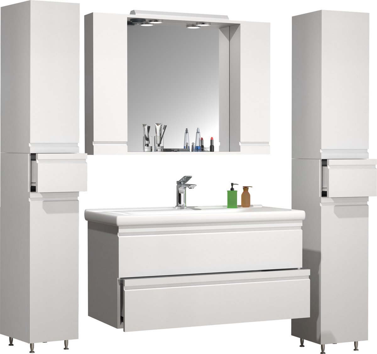 VCM 5-tlg. Waschplatz Waschtisch 100 cm Badmöbel Set Waschbecken grifflose Schublade Spiegelschrank Hochschrank Silora XL