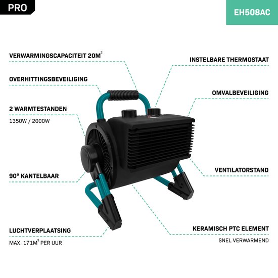 Zwarte en turquoise PRO EH508AC kachel met handvat, 2 warmtestanden (1350W/2000W), instelbare thermostaat, 90° kantelbaar.