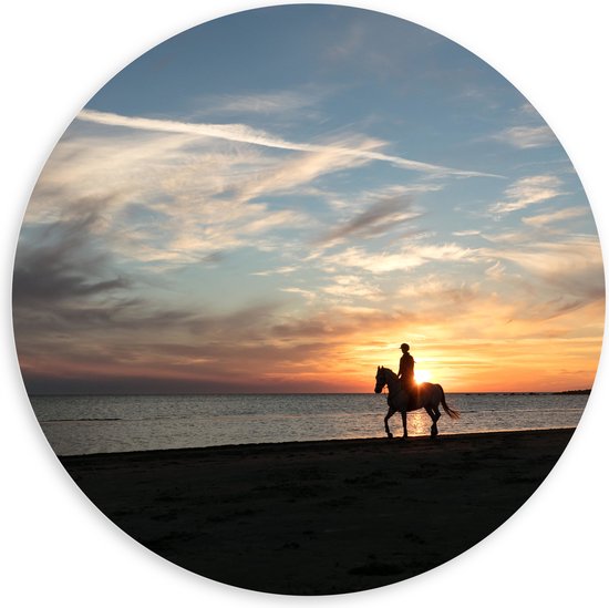 PVC Schuimplaat Muurcirkel - Paardrijden op het Strand met Zonsondergang - 100x100 cm Foto op Muurcirkel (met ophangsysteem)
