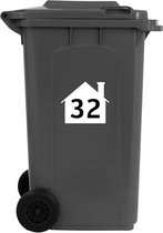 Containerstickers Huisnummer "32" - 25x21,5cm - Wit Huis met Zwart Nummer - Set van 4 dezelfde Vinyl Stickers - Klikostickers