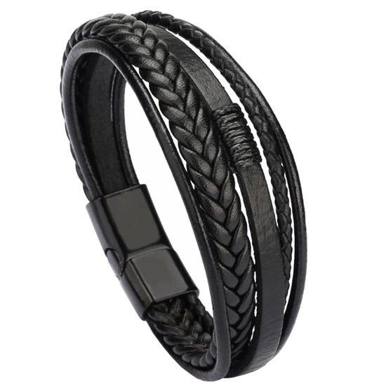 Fako Bijoux® - Armband Heren - Zwart 5 Snoeren - Mannen - 21 cm - Leer - Magnetische Sluiting - Zwart