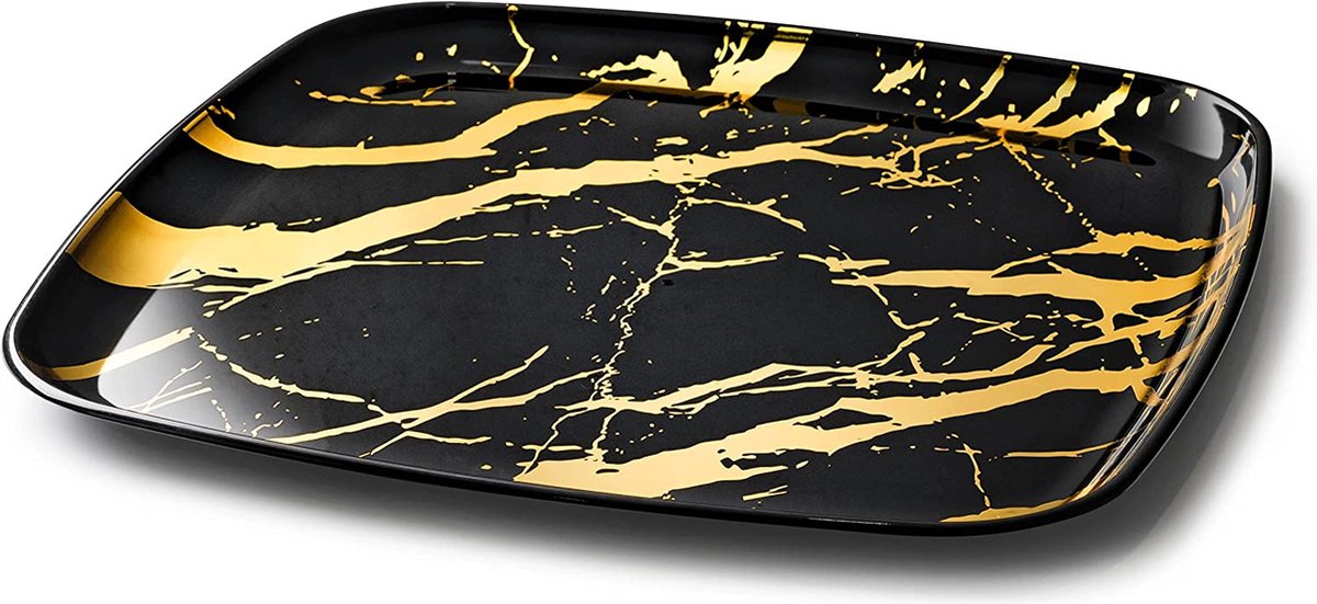 Decorline Serveerborden, set van 4 stuks, ovaal marmer, decoratief dienblad van stevige herbruikbare kunststof, opbergbak, serveerschalen en feestlatten, buffet, ovaal, 20 x 28 cm, zwart/goud