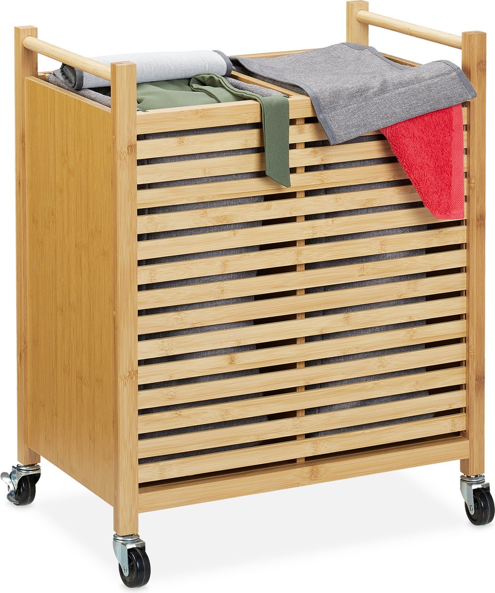 Goedkoopste wassorteerder - 2 waszakken à 28 l - op wielen - 66,5 x 54 x 35 cm - bamboe - deksel