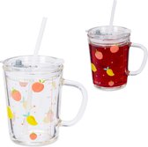 Relaxdays drinkglazen - set van 2 - fruit - limonadeglazen - deksel - rietje - kinderen