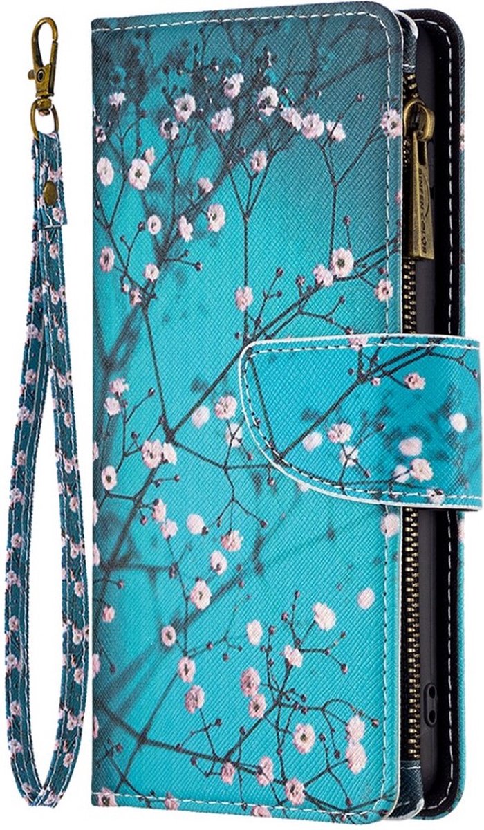 Oppo A17 - Portemonnee met rits - book-case hoesje - ruimte voor 9 pasjes - blauw bloemen