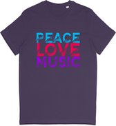 T Shirt Heren en Dames - Vrede Liefde Muziek - Paars - S