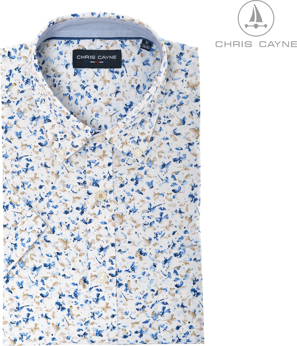 Chris Cayne heren blouse - overhemd 1950 wit/blauw/camel print - KM - maat L