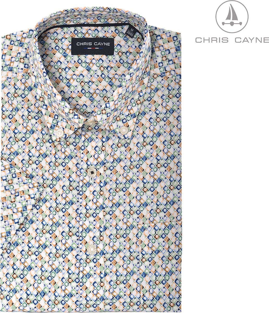 Chris Cayne heren blouse - overhemd 1970 wit/oranje/groen print - LM - maat L