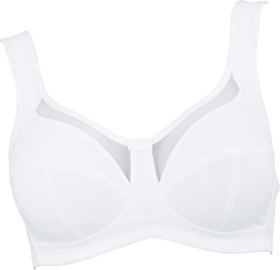 Witte beugel-bh met brede bandjes en mesh bij de decolleté.
