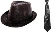 Toppers - Folat - Verkleedkleding set - Glitter hoed/stropdas zwart volwassenen