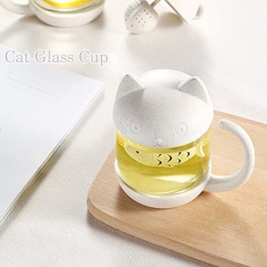 BigNoseDeer Tasse à thé en verre chat, tasse à thé avec infuseur à