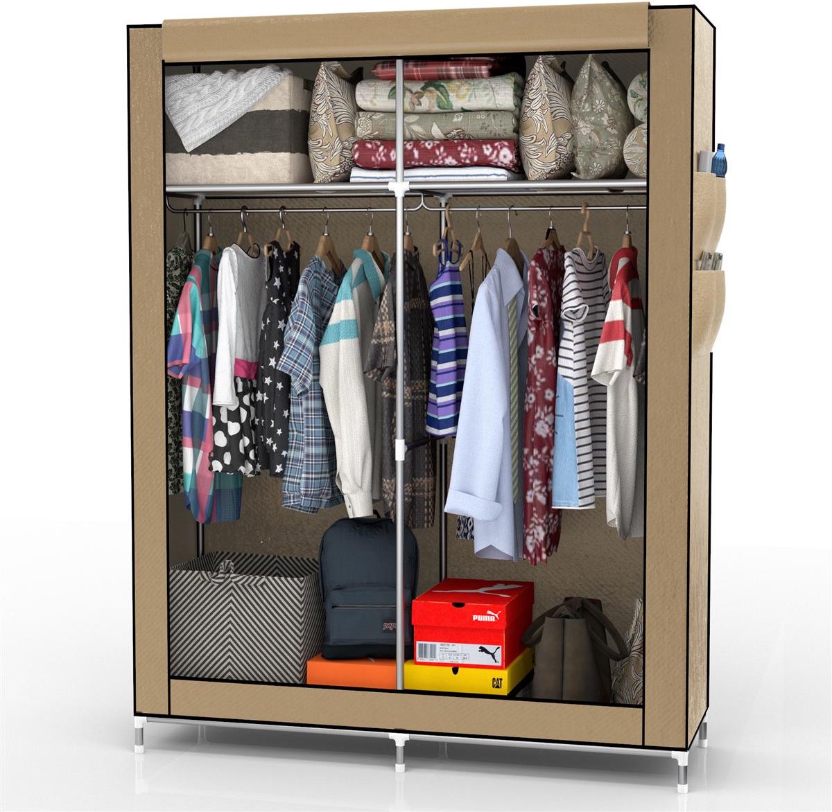Intirilife opvouwbare garderobekast 108x170x45 cm in CRÈME BEIGE - Vouwkast met ritssluiting Stoffen garderobekast met kledingroede, vakken en zijvak - kampeergarderobekast van textiel