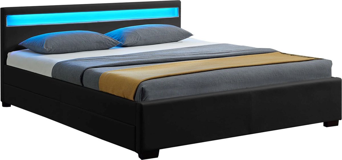Gestoffeerd bed Lyon - 140 x 200 cm - Zwart - LED Verlichting & Bedlades