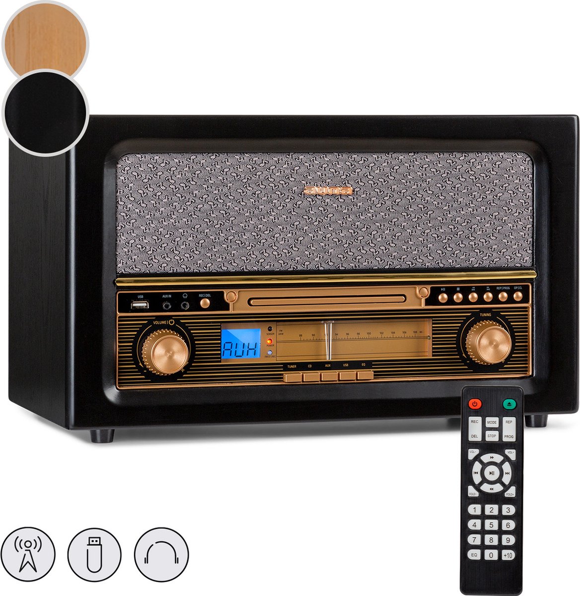 Auna Draagbare Retro Radio met CD-Speler – Stereo-installatie met USB, AUX, MP3, FM-radio, LCD-display, Afstandsbediening en Hoofdtelefoonaansluiting