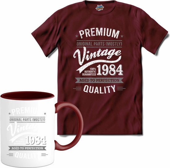 Vintage Legend Sinds 1984 - verjaardag en feest cadeau - Kado tip - T-Shirt met mok - Unisex - Burgundy - Maat L