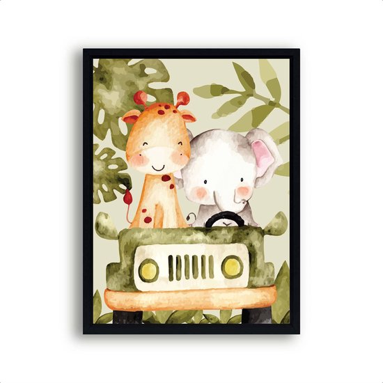 Postercity - Poster Jungle en in de Jeep - Jungle/Safari Dieren Poster - Kinderkamer / Babykamer