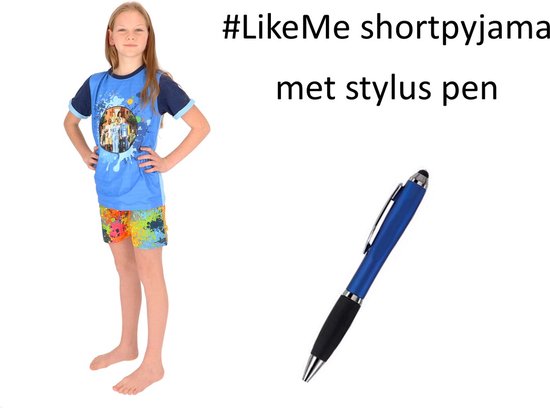LikeMe Short Pyjama - #LikeMe Shortama Splash - Unisex. Maat 122/128 cm - 7/8 jaar met Stylus Pen.