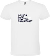 wit T-Shirt met London,Paris, New York , Smokkelgat tekst Zwart Size S