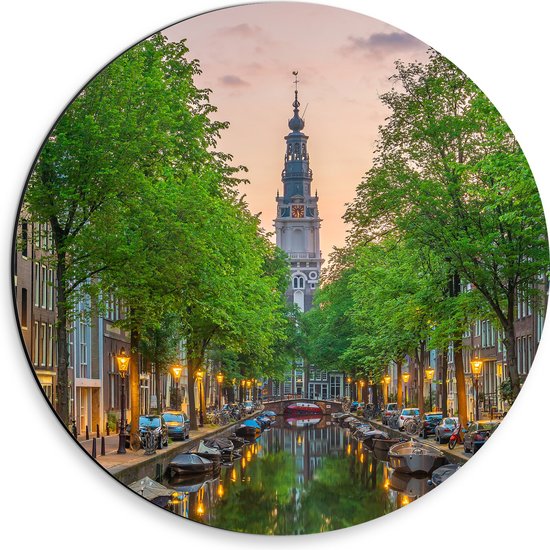 Dibond Muurcirkel - Gracht in De Straten van Amsterdam - 30x30 cm Foto op Aluminium Muurcirkel (met ophangsysteem)