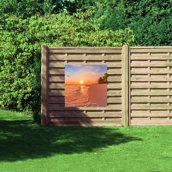 Tuinposter – Kalme Golven aanstromend op Strand bij Zonsondergang - 100x100 cm Foto op Tuinposter (wanddecoratie voor buiten en binnen)