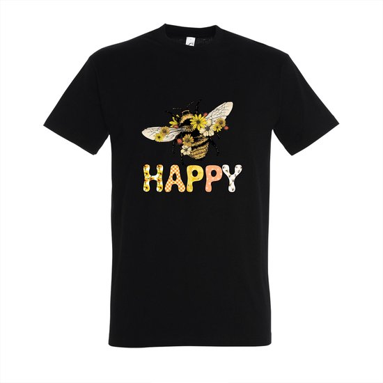 T-shirt Bee happy - Zwart T-shirt - Maat S - T-shirt met print - T-shirt heren - T-shirt dames