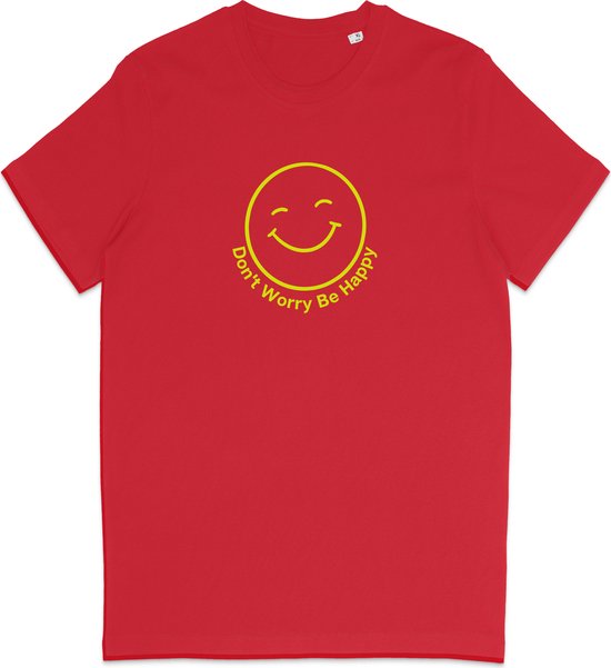 T Shirt Smiley - Positieve Tekst Don't Worry Be Happy - Rood XS