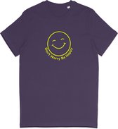 T Shirt Smiley - Positieve Tekst Don't Worry Be Happy - Paars M