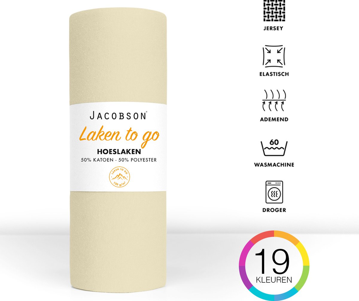 Jacobson - Hoeslaken - 130x200cm - Jersey Katoen - tot 23cm matrasdikte - Natural / Crème