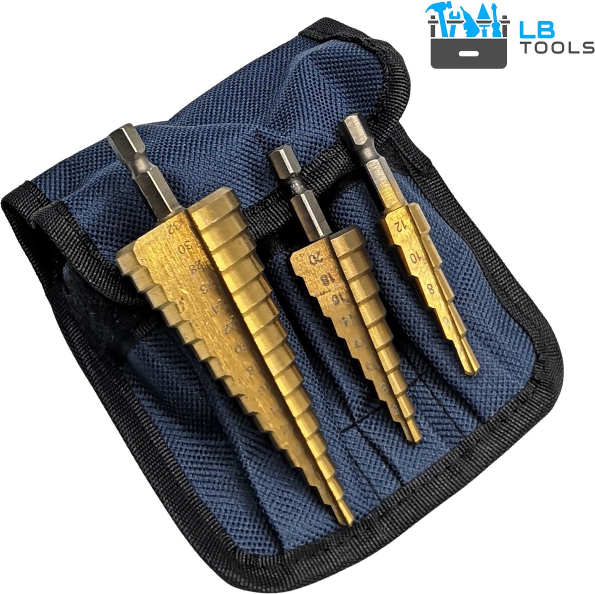 LB Tools 3 delige HSS stappenboor conische trappenboor 4-32mm, 4-20mm en 4-12mm met zeskant aansluiting.