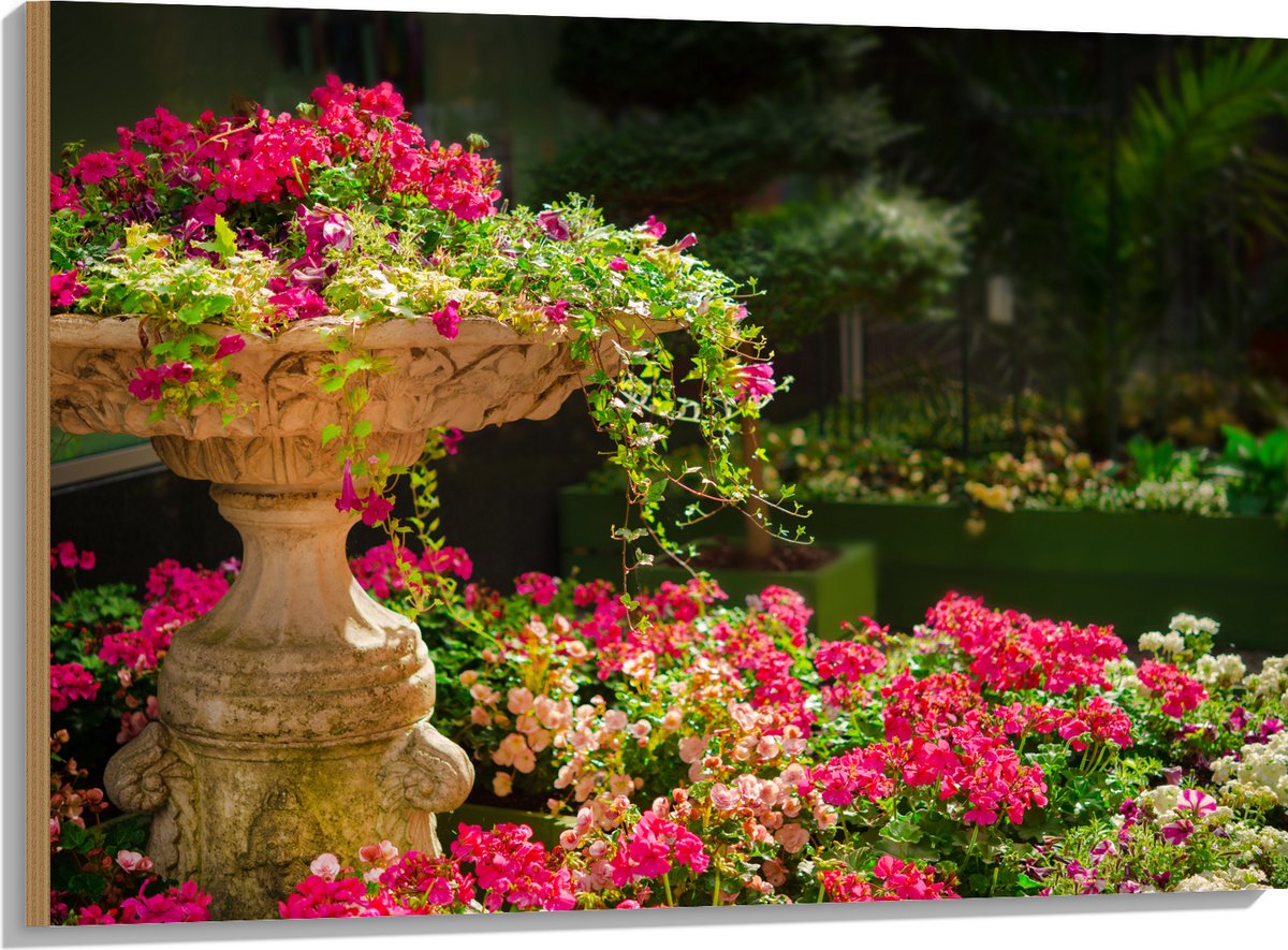 Hout - Felroze Bloemen uit Fontein - 100x75 cm - 9 mm dik - Foto op Hout (Met Ophangsystee