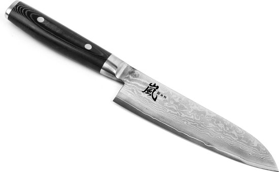 Yaxell Japonais - Série Ran - Ensemble de couteaux 2 pièces - Aiguiseur de couteaux et Santoku - Acier VG10 - 61 HRC - Lame 16,5 cm - Acier Damas 69 couches - Manche Toile-Micarta