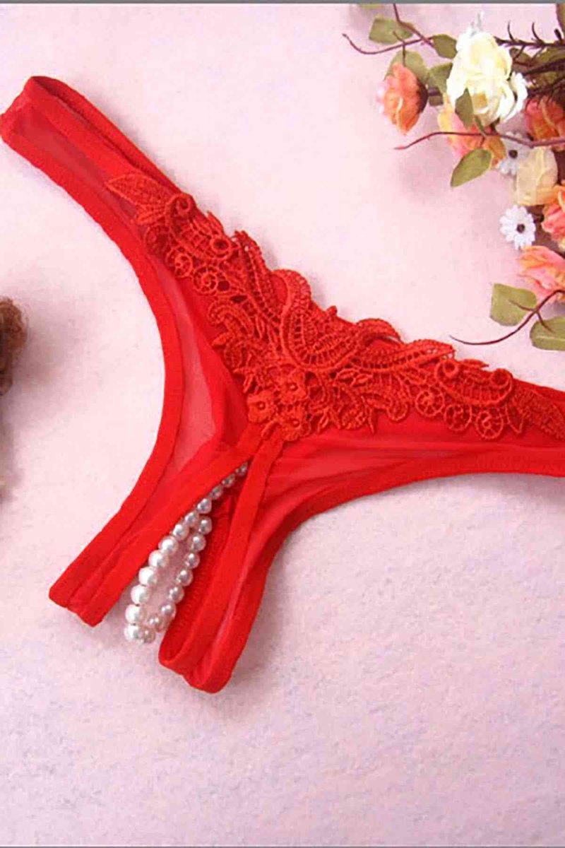 AMARANTA- Sexy rode slip met parels- slip met open kruis-L/XL