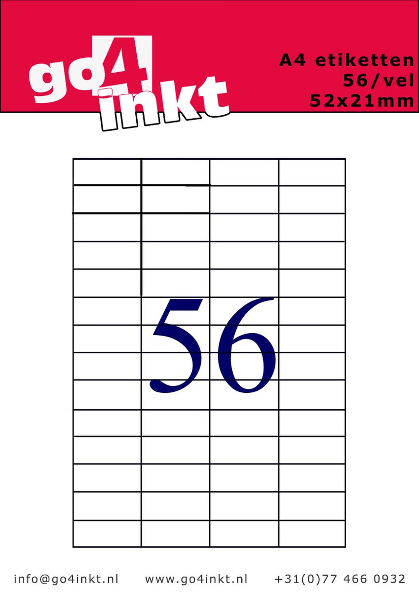 Go4inkt A4 Etiketten 56/vel 52,5mm x 21,2mm (100 vel) stickervellen wit