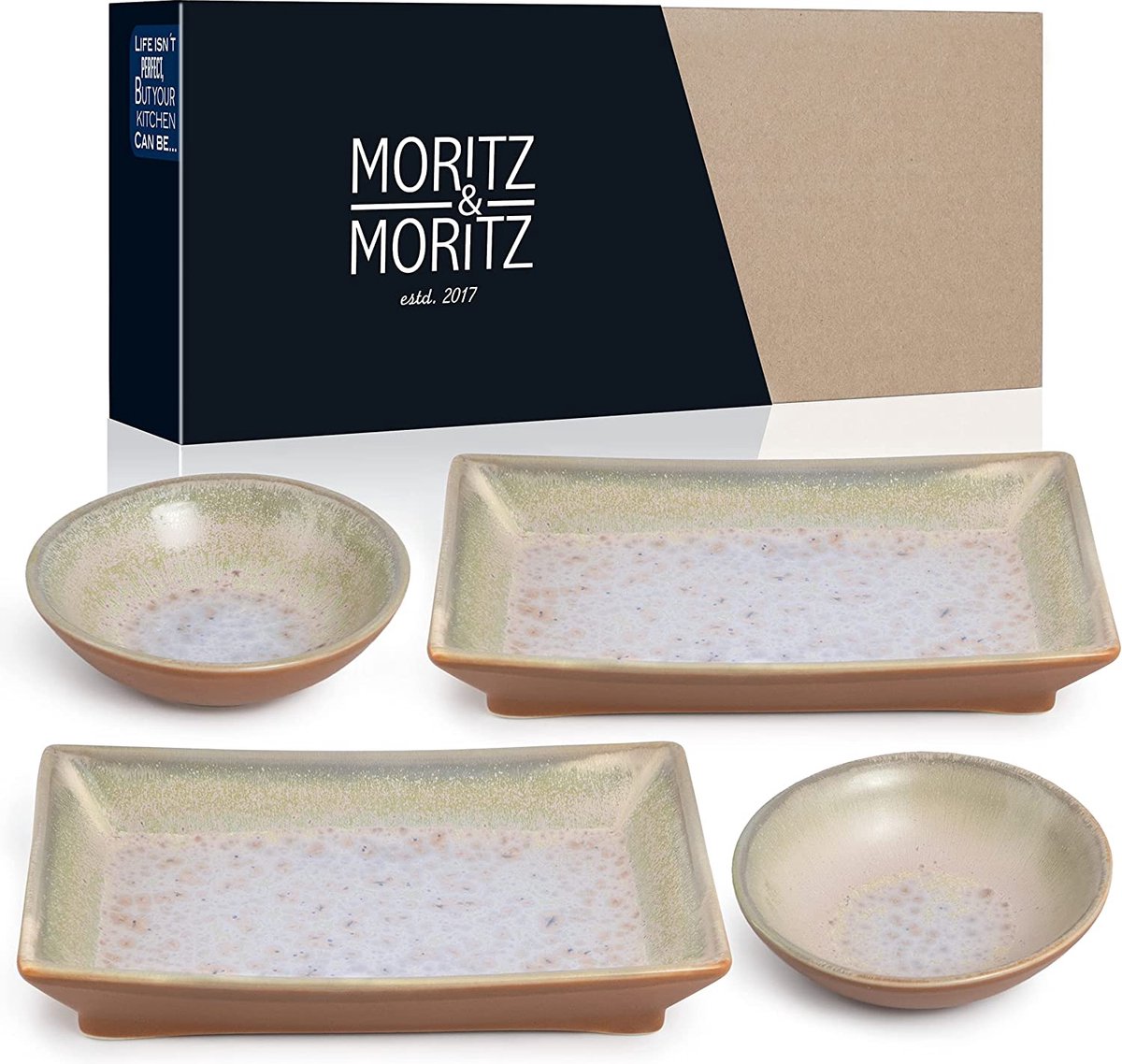 Moritz & Moritz Sushi serviesset voor 2 personen, sushi-serveerset met 2 sushiborden en 2 sushi-dip-schaaltjes, beige-paars met reactief glazuur